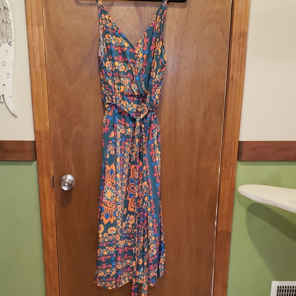 Fun BloomChic Green Midi Dress with Coral And Pink Floral Print